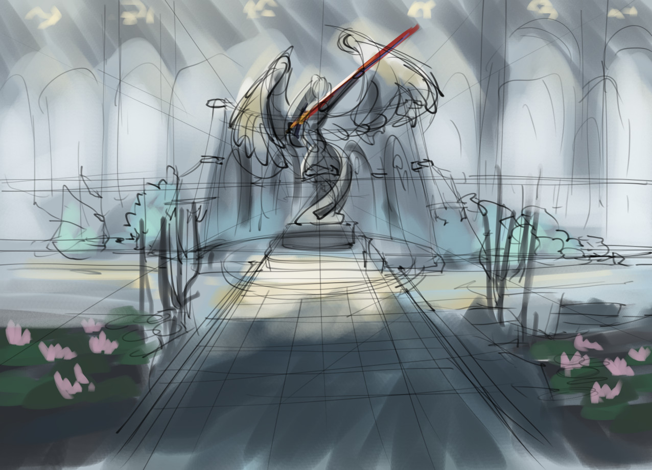 A sketch showing an Angelstatue holding a red sword in an eerily bright room