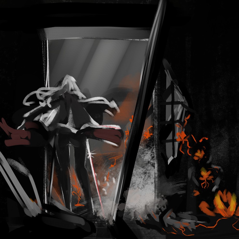 A graphic painting in black, white and orange showing a figure standing in a destroyed dorway, weapon in hand