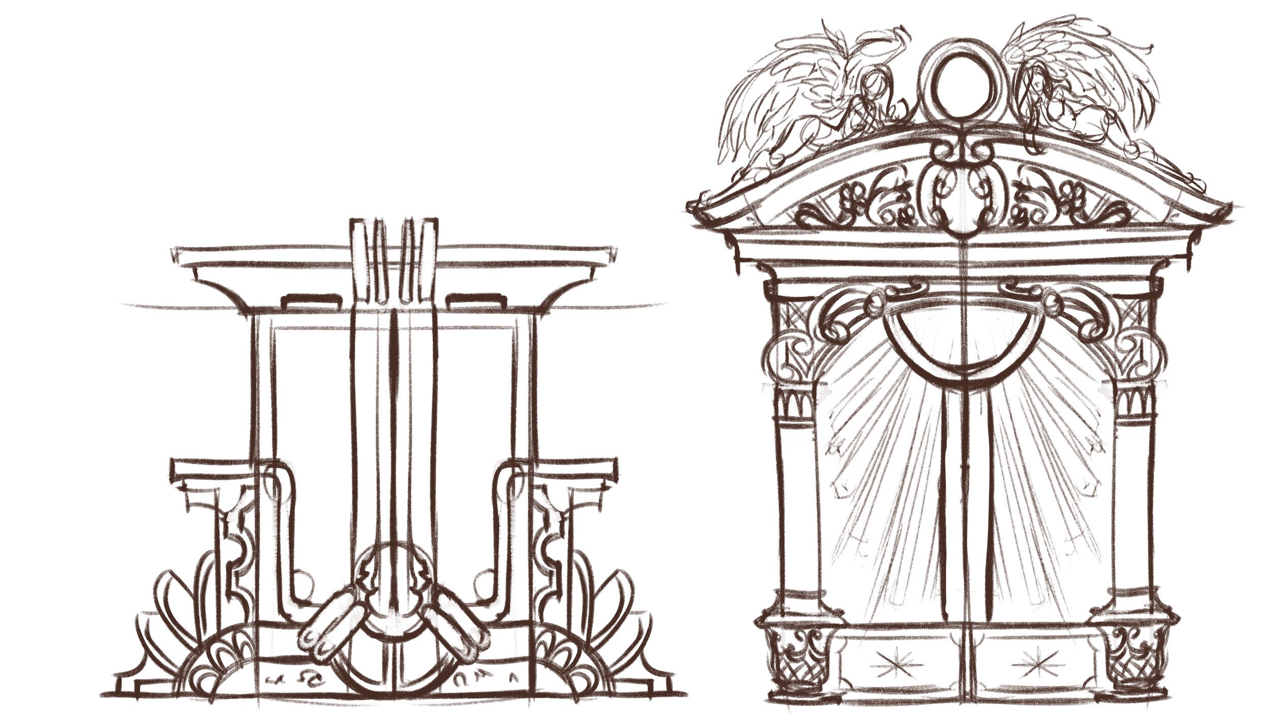 Two sketches of overly ornate Doorways