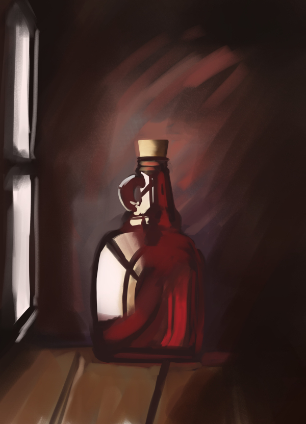 A painting of a bottle filled with a red liquid