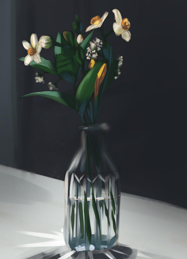 A painting of a Daffodil in a glass flask