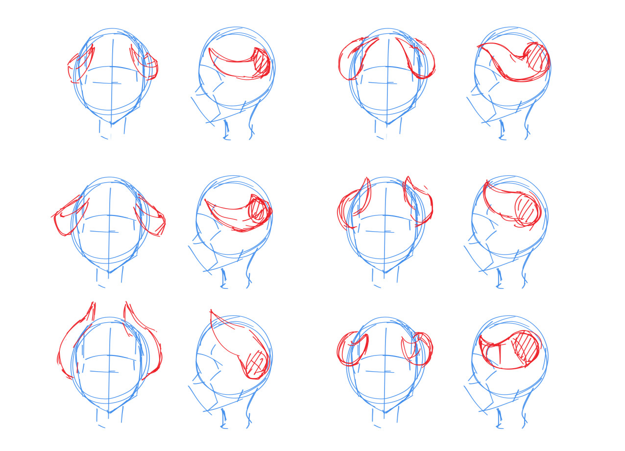 Multiple sketches showing different variations of horns on a human head