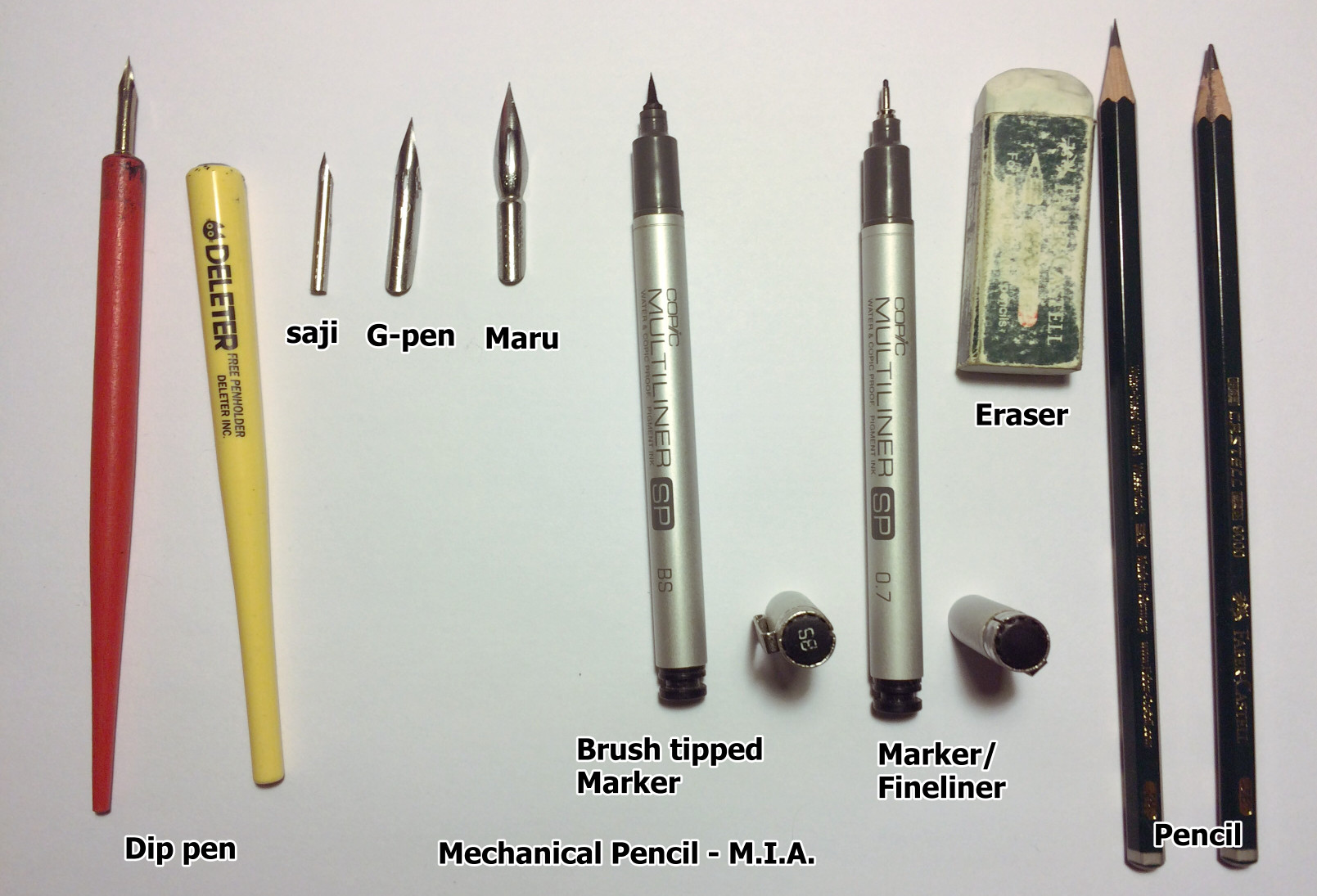 Photo showing from left to right: Two Dip-pens, brush tipped Marker, Fineliner, eraser and two pencils.