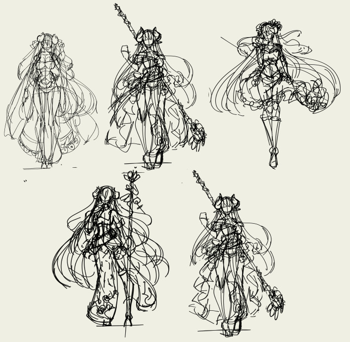 Multiple loose sketches of a female character in a dress