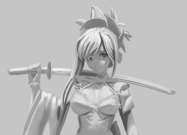 A black and white painting of an anime character